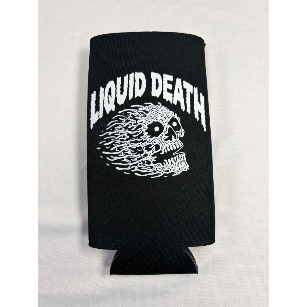 Liquid Death Mountain Water Tall Boy Can Cooler Sleeve Black Skull Graphic